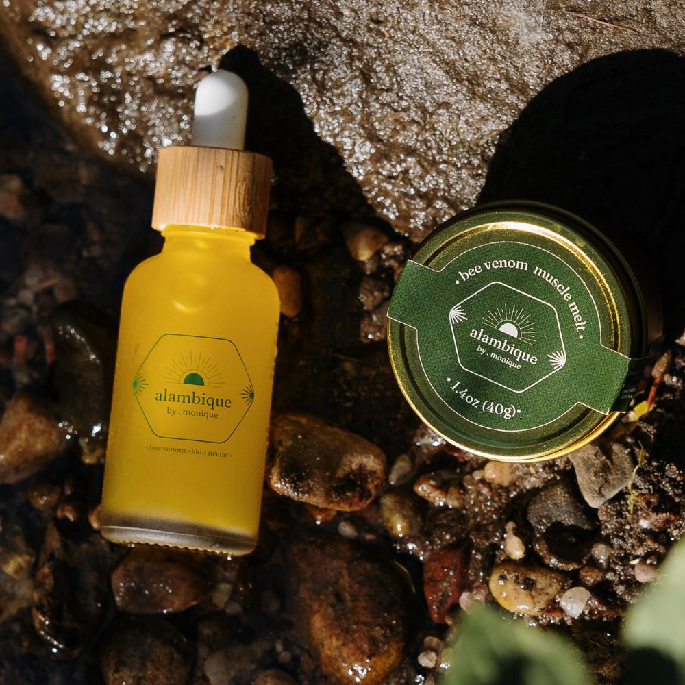 The best ethical bee venom serum and muscle balm and the bee venom skin serum sit in nature the • alambique