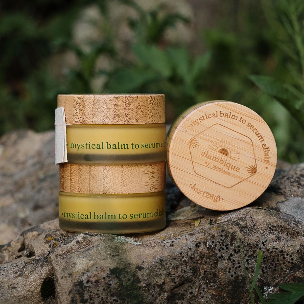 mystical balm to serum elixir •sitting on a rock - product stacked engraved bamboo cap
