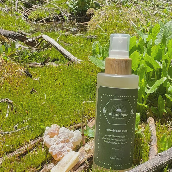 The Alambique organic microbiome mist and sacred waters toner bottle, placed on green forest moss with rustic wood and crystals in Taos, New Mexico.