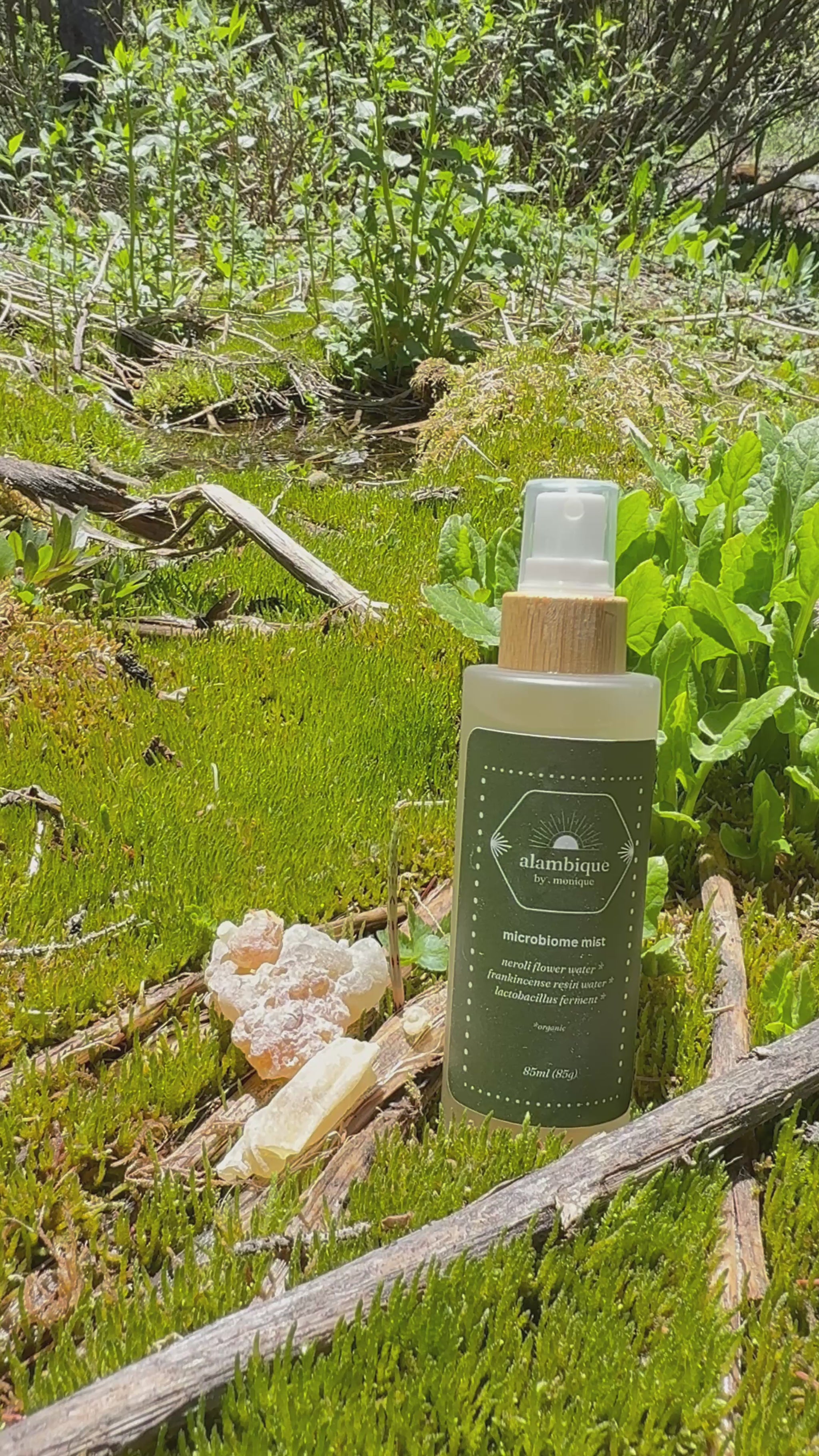 The Alambique organic microbiome mist and sacred waters toner bottle, placed on green forest moss with rustic wood and crystals in Taos, New Mexico.
